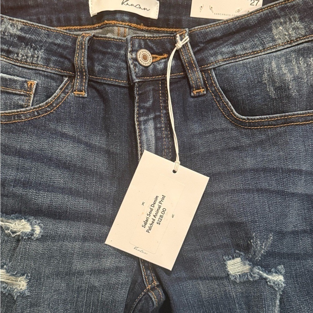 KanCan Safari Soul Skinny Jeans Distressed Leopard Print Patch Dark Wash 7/27 - Picture 7 of 10
